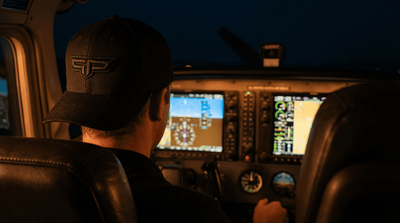 Pilot wearing the FLAP Signature cap in the cockpit
