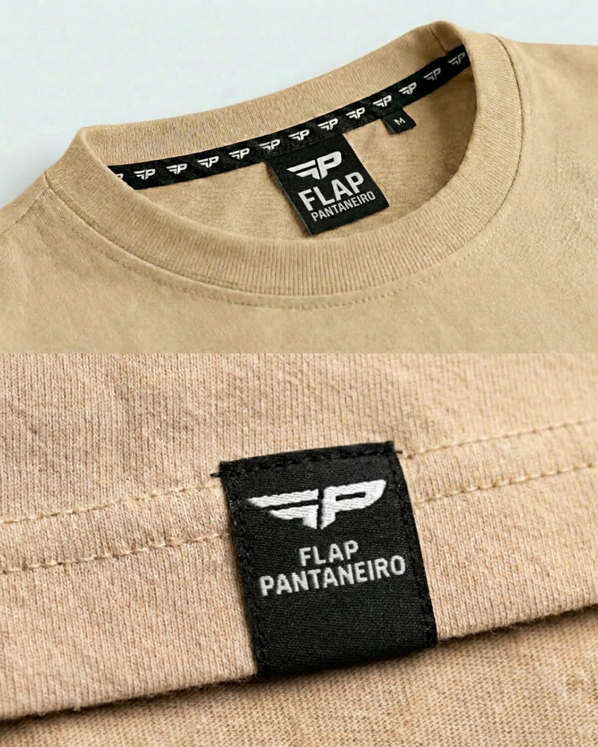 Inner label and FLAP PANTANEIRO tag on the beige t-shirt