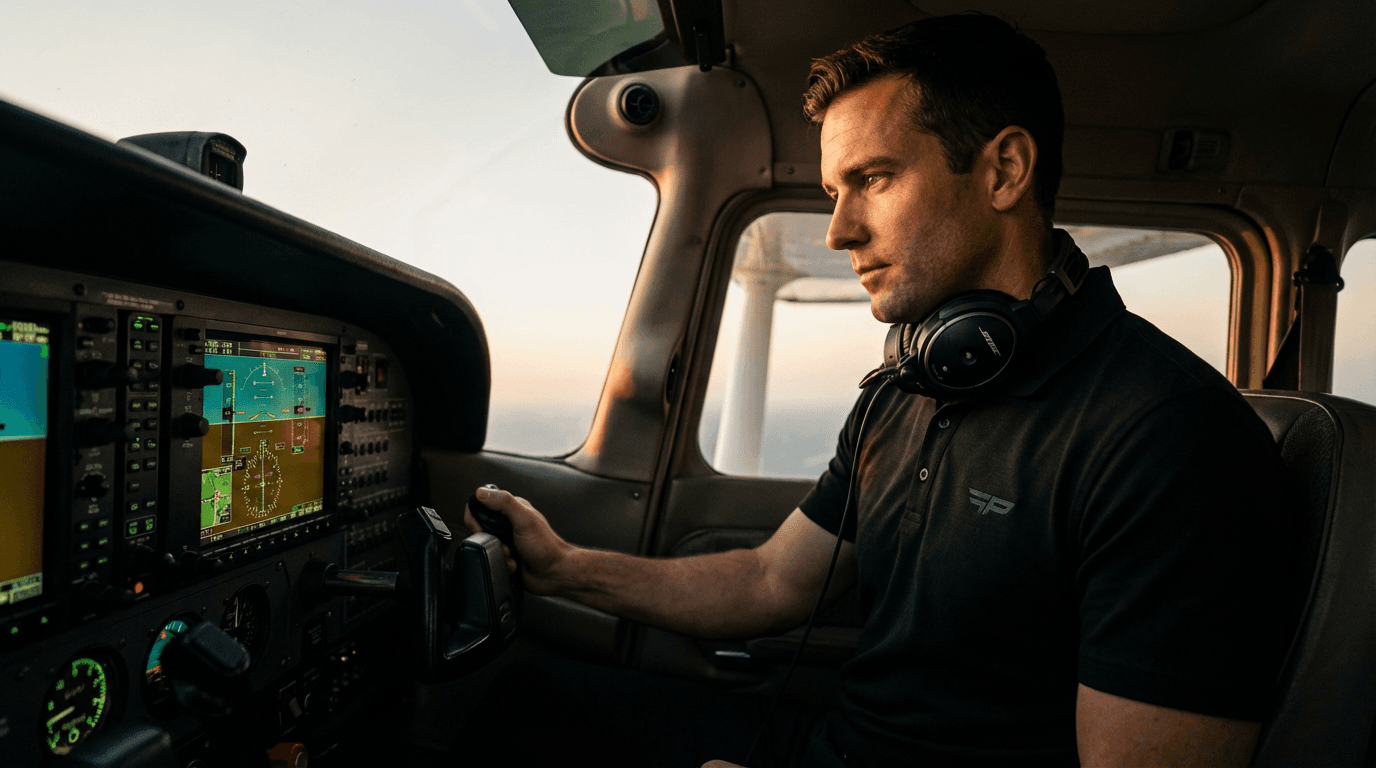 Pilot wearing the FLAP Signature polo in the cockpit