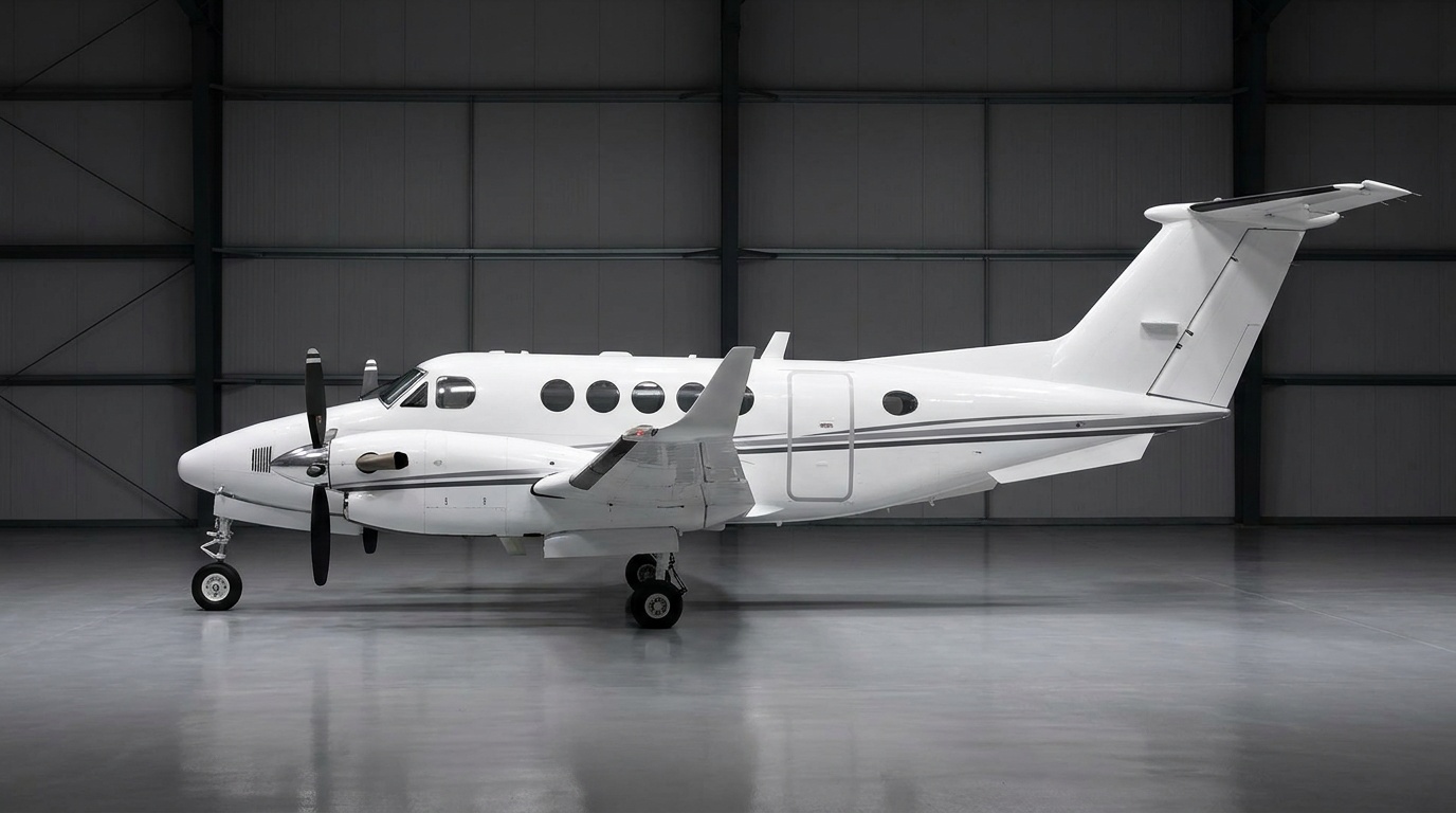 Beechcraft King Air 250 em vista externa no pátio.