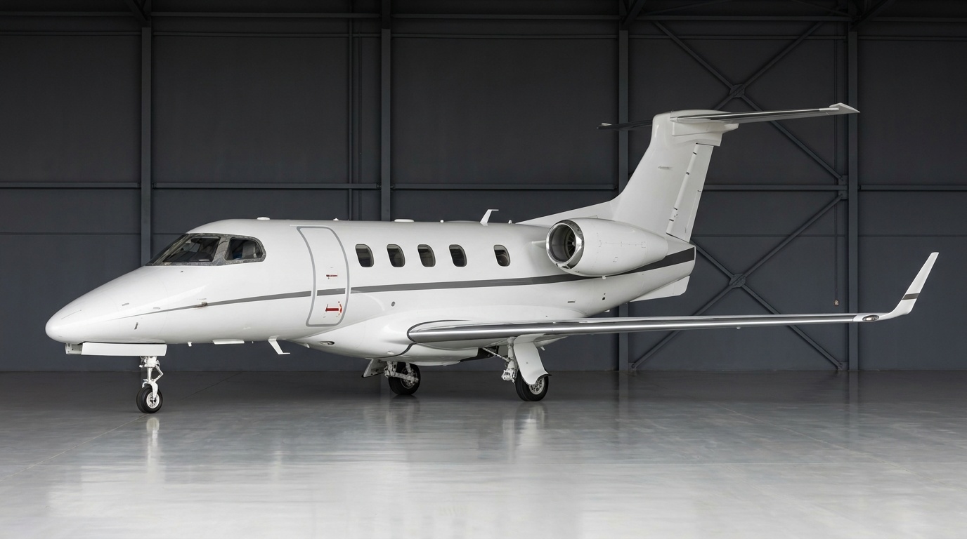 Embraer Phenom 300E em vista externa no pátio.